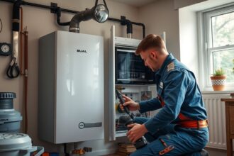 Gázkazán karbantartása szakember által otthoni környezetben