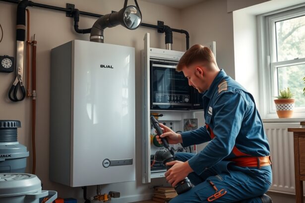 Gázkazán karbantartása szakember által otthoni környezetben