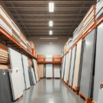 Gipszkarton táblák a boltban, különböző típusokban és árakkal.