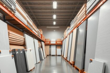 Gipszkarton táblák a boltban, különböző típusokban és árakkal.