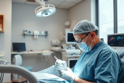 Fogorvos a rendelőben foghúzási folyamat közben.