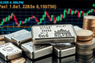 Ezüst rudak és érmek egy grafikon előtt, piaci árak áttekintése.