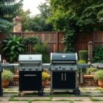 Különböző grillsütők a kertben, választási lehetőségek bemutatása.