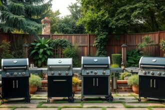 Különböző grillsütők a kertben, választási lehetőségek bemutatása.
