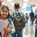 Gyerekek iskolakezdéshez szükséges tanszerekkel a boltban.