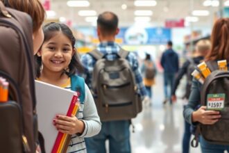 Gyerekek iskolakezdéshez szükséges tanszerekkel a boltban.