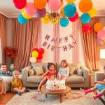 Gyerekek otthoni születésnapi ünnepségén tortával és lufikkal.