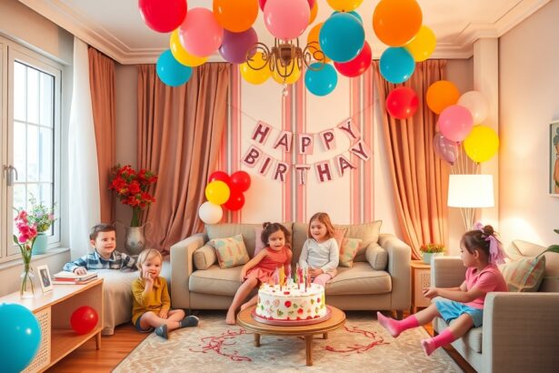 Gyerekek otthoni születésnapi ünnepségén tortával és lufikkal.