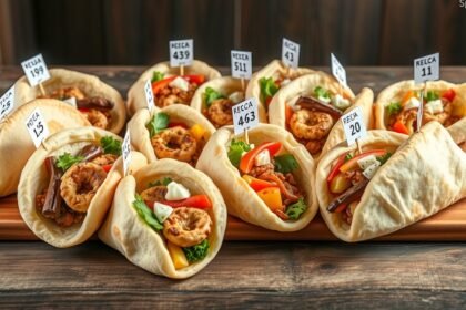 Friss gyros piták változatos töltelékkel és árkategóriák jelölésével.