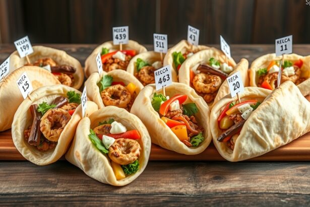 Friss gyros piták változatos töltelékkel és árkategóriák jelölésével.