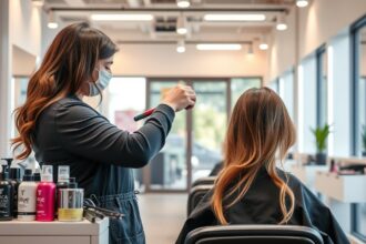 Fodrász hajfestést végez egy nőnél a szalonban.