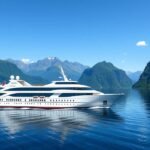 Luxus hajó Norvég fjordban, gyönyörű hegyek környékén.