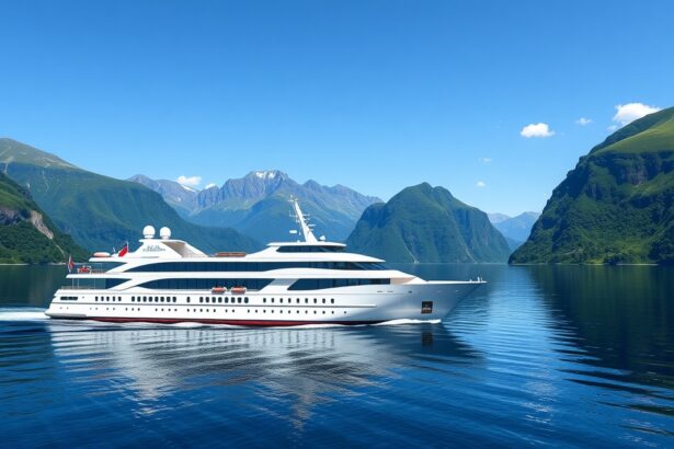 Luxus hajó Norvég fjordban, gyönyörű hegyek környékén.