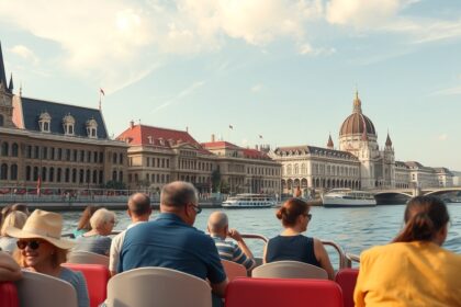 Hajós városnézés Budapest látképe, vendégekkel a hajón.
