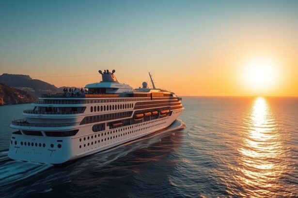 Luxus hajó a Földközi-tengeren naplementében.
