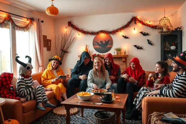 Halloween buli baráti társaság otthon, vicces jelmezekkel