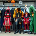 Különböző felnőtt Halloween jelmezek bemutatása boltban