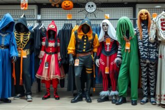 Különböző felnőtt Halloween jelmezek bemutatása boltban