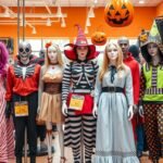 Halloween jelmezek bemutatója üzletben, költséghatékony megoldásokkal.