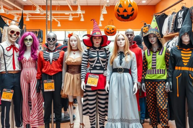 Halloween jelmezek bemutatója üzletben, költséghatékony megoldásokkal.