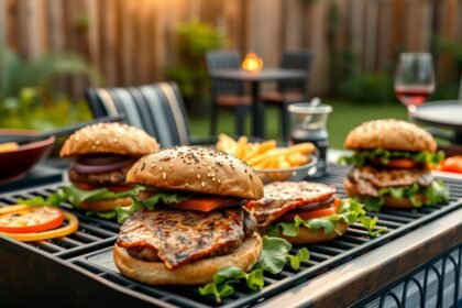 Grillparti hamburgerek és köret a kertben