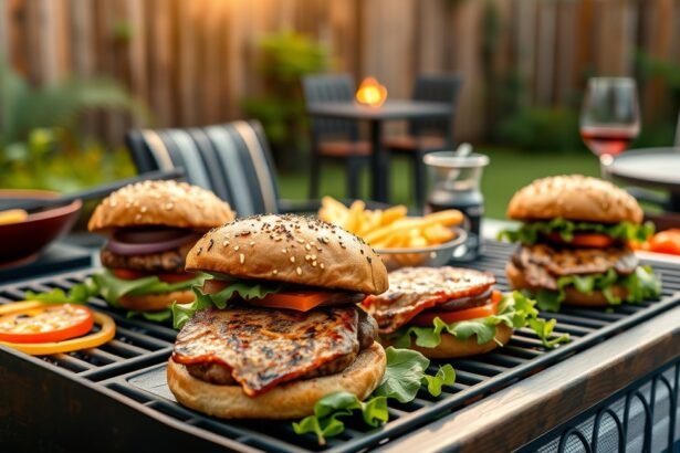 Grillparti hamburgerek és köret a kertben