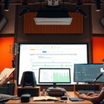 Hangoskönyv stúdió felvétel közben, narrátor és hangmérnök munka közben.