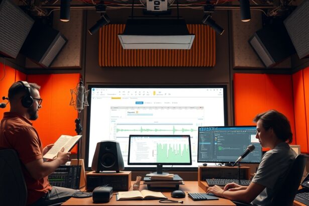 Hangoskönyv stúdió felvétel közben, narrátor és hangmérnök munka közben.