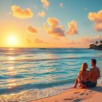 Pár a hawaii tengerparton, naplementében ülve