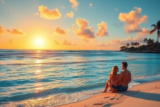 Pár a hawaii tengerparton, naplementében ülve