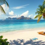 Gyönyörű hawaii tengerpart nyugágyakkal és pálmafákkal