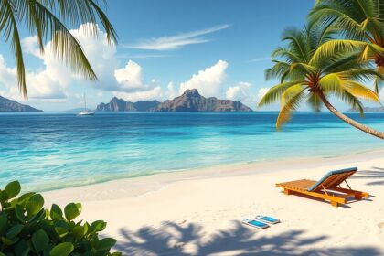 Gyönyörű hawaii tengerpart nyugágyakkal és pálmafákkal