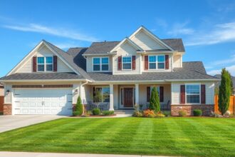 Modern amerikai családi ház zöld udvarral és garázzsal.