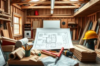 Építkezési irodában tervek és szerszámok várakoznak.