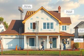 Építkezés folyamatban, házépítés szakemberei dolgoznak.