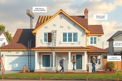 Építkezés folyamatban, házépítés szakemberei dolgoznak.