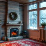 Téli otthon fűtéssel és kandallóval a hóesés közepette