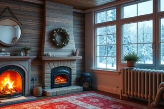 Téli otthon fűtéssel és kandallóval a hóesés közepette