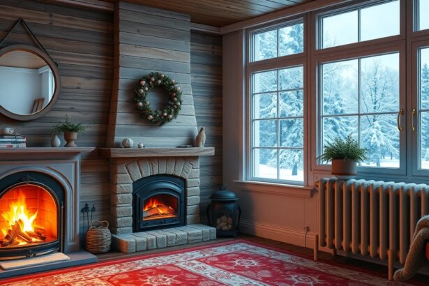 Téli otthon fűtéssel és kandallóval a hóesés közepette