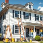 Ház külső festése szakemberek által, létrák és festék vödrök használatával.