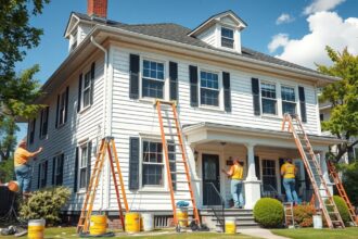 Ház külső festése szakemberek által, létrák és festék vödrök használatával.