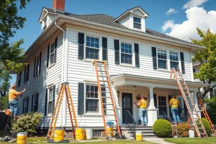 Ház külső festése szakemberek által, létrák és festék vödrök használatával.