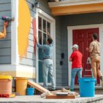 Ház külső színezése csapat munka közben, színek alkalmazása.