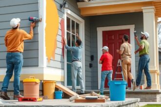Ház külső színezése csapat munka közben, színek alkalmazása.