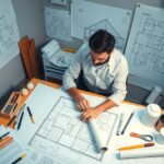 Tervező dolgozik egy ház tervrajzával az asztalnál.