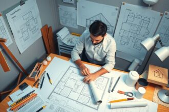 Tervező dolgozik egy ház tervrajzával az asztalnál.