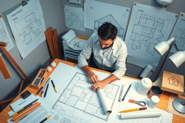 Tervező dolgozik egy ház tervrajzával az asztalnál.