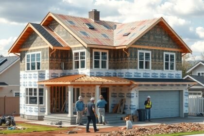 Építés alatt álló ház, munkásokkal a helyszínen.