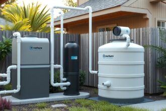 Házi szennyvíztisztító rendszer a kertben, telepítve és használatra kész.