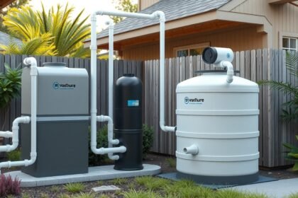 Házi szennyvíztisztító rendszer a kertben, telepítve és használatra kész.